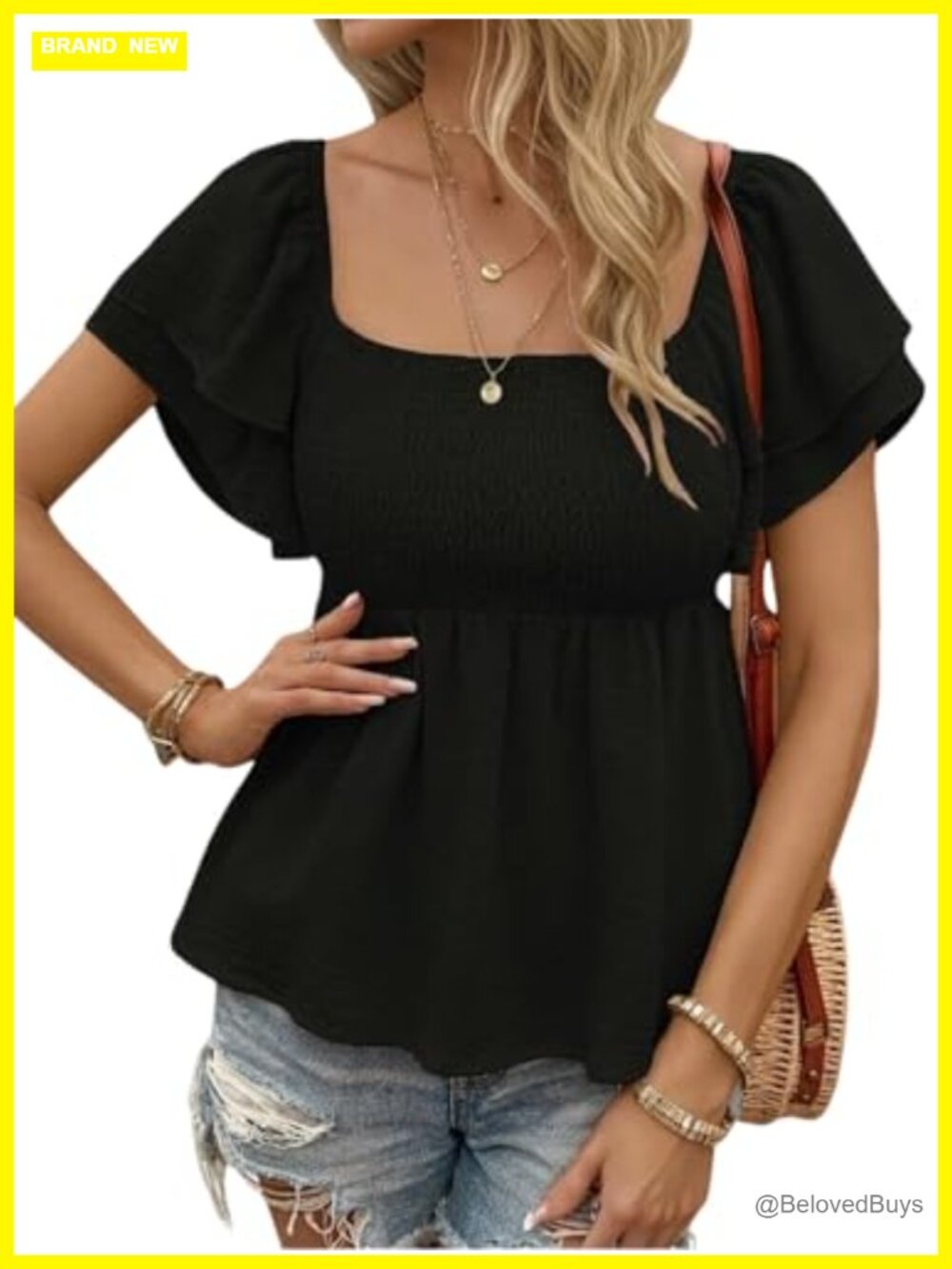 Square Neck Ruffle Short Sleeve Peplum Top Cute Smocked Babydoll Blouse
